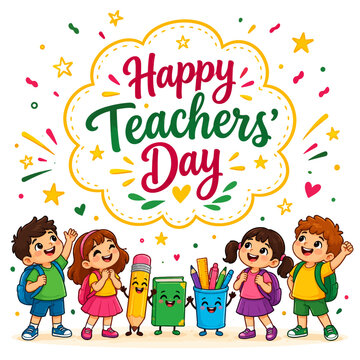 Happy Teachers Day Greeting Card with Cute Cartoon Children and School Supplies Illustration