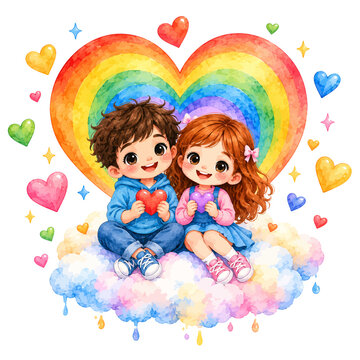 Cute Cartoon Boy and Girl Sitting on a Fluffy Cloud with a Rainbow Heart Background