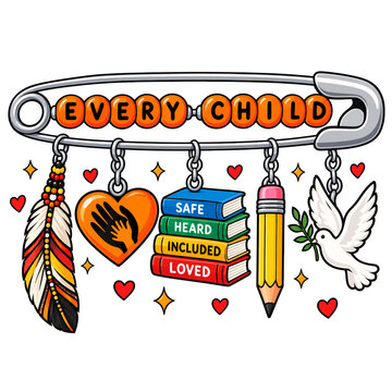 Every Child Safety Pin Illustration with Indigenous Feather Heart Books Pencil and Dove for Truth and Reconciliation Day