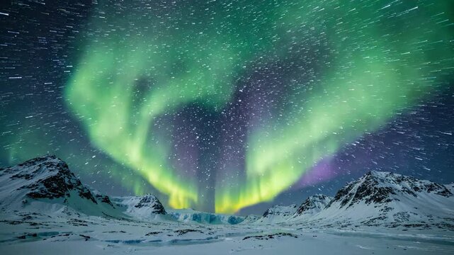Spectacular Aurora Borealis Over Snow-Covered Mountains Under a Starry Night Sky