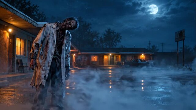 Halloween zombie in a lab coat standing in a foggy motel parking lot at night under a full moon