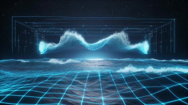 Immersive digital ocean simulation showcases dynamic aquatic forms within a glowing holographic cube, representing data visualization and futuristic aquatic environments exploring fluid dynamics