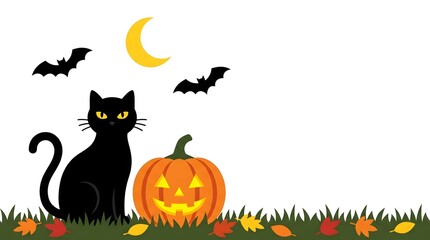 Fototapeta premium Spooky Halloween black cat illustration with smiling carved jack o lantern and bats