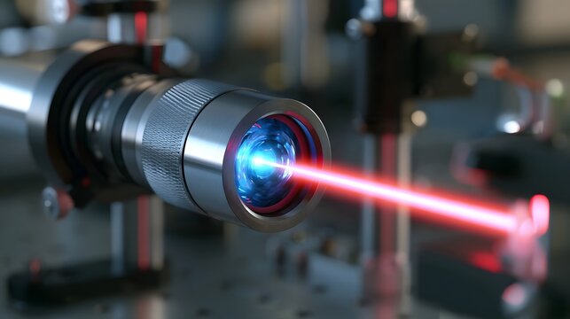 A high precision laser emitting a vivid red beam from a metallic optical device in a laboratory setting