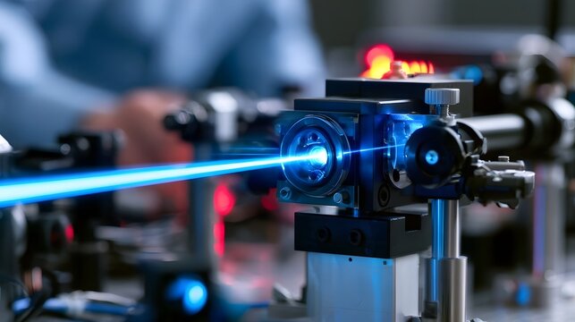 A high powered blue laser beam projects from a precision optical device in a modern laboratory setting with blurred equipment in the background