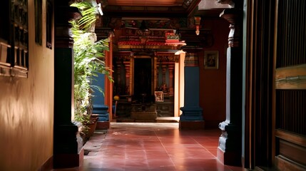 Fototapeta premium A serene hallway in a traditional temple with colorful pillars potted plants and ornate ceiling details under warm natural light