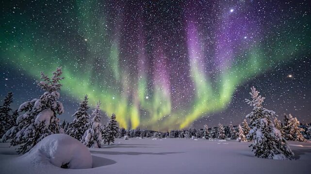 Spectacular Aurora Borealis Over Snowy Forest Under Starry Night Sky
