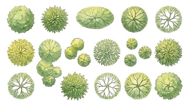 Set of various green trees top view for landscape architecture design