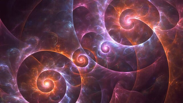 Intricate fractal patterns featuring swirling nebulae in vibrant hues of magenta, orange, and violet evoke cosmic wonder, suggesting the boundless beauty of the universe