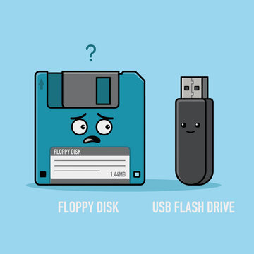 Cartoon floppy disk and USB flash drive with facial expressions.