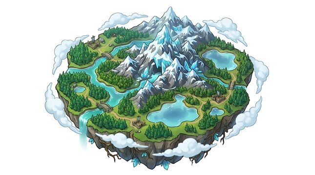 Floating island with snowy mountains and green forest on white background