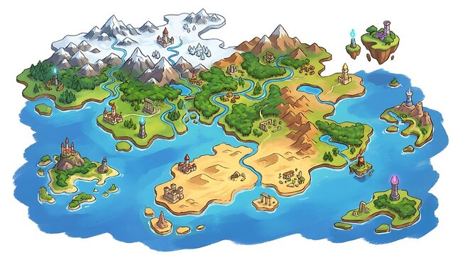 Fantasy game world map with floating islands and mountain ranges