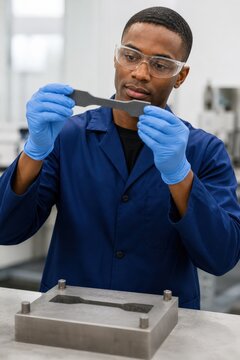 Rubber ozone testing - a technician checking a cut elastomer specimen