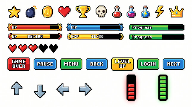 Retro pixel art game interface elements including icons progress bars and buttons on a white background