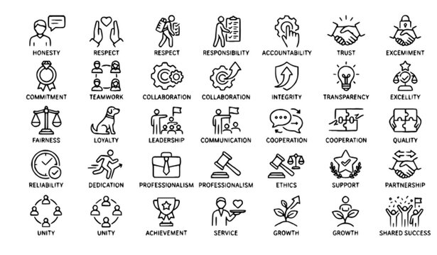 Core Values Line Icon Set &ndash; Honesty, Respect, Trust and Teamwork Editable Vector EPS10