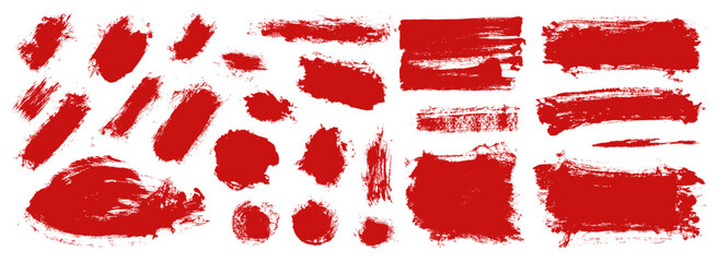 Fototapeta premium Red paint brush stroke Halloween set. Vector abstract dirty horror highlight background. Grungy scratch splatter blood underlines. Hand drawn watercolor bloodstain overlay pack. Fear frame boarder bg