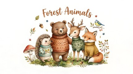 Fototapeta premium Watercolor Forest Animal Family Illustration with Bear, Deer, Fox, Owl and Hedgehog