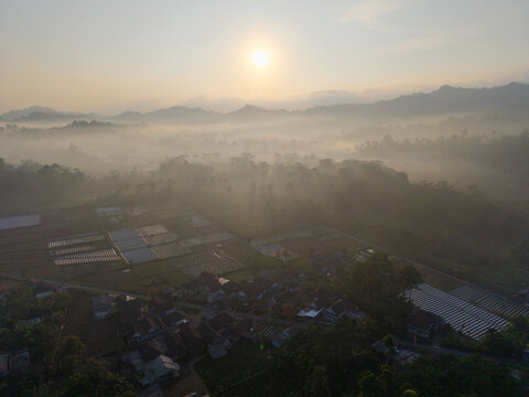 Aerial view of Sumberurip village surrounded by agricultural fields and misty mountains during sunrise in Pronojiwo, East Java, Indonesia.