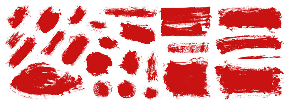 Red paint brush stroke Halloween set. Vector abstract dirty horror highlight background. Grungy scratch splatter blood underlines. Hand drawn watercolor bloodstain overlay pack. Fear frame boarder bg