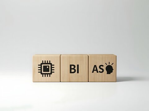 Three wooden cubes displaying the word bias and technology icons on white background