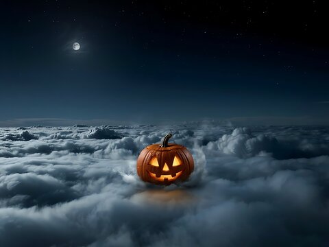 Glowing carved jackolantern resting on top of a sea of clouds under night sky