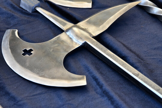 Handmade medieval poleaxe replica with cross cutout