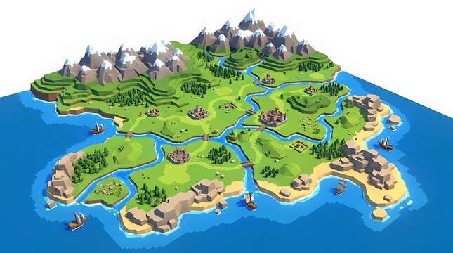 Isometric fantasy game map with mountains forests and ocean islands