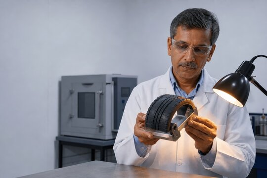 Rubber ozone testing - an analyst inspecting a mounted tire sidewall coupon