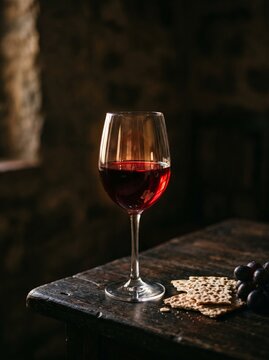 Glass of red wine with crackers and grapes on a rustic wooden table