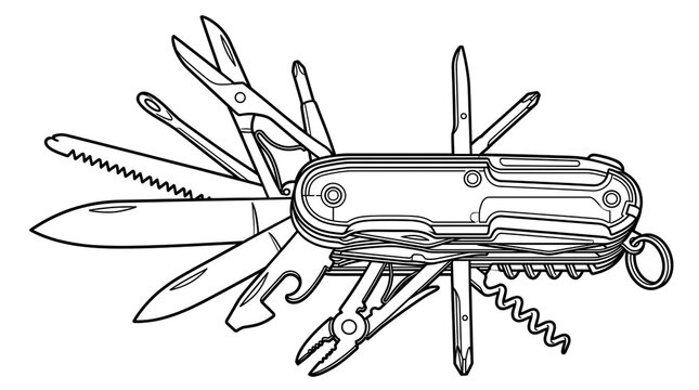 Multifunctional Swiss army knife line art illustration, open pocket multitool with various utility blades, camping gear graphic