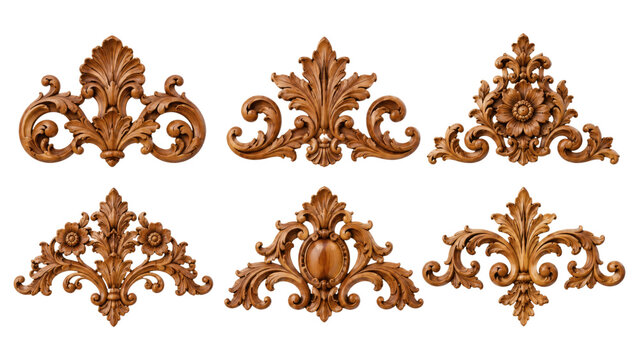 Six ornate wooden decorative appliques with carved floral and scrollwork motifs in baroque rococo style