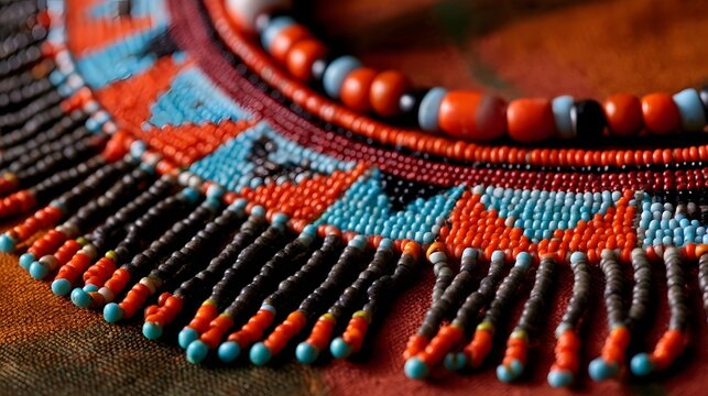 Close up of vibrant traditional beaded necklace with intricate geometric patterns and colorful fringe details