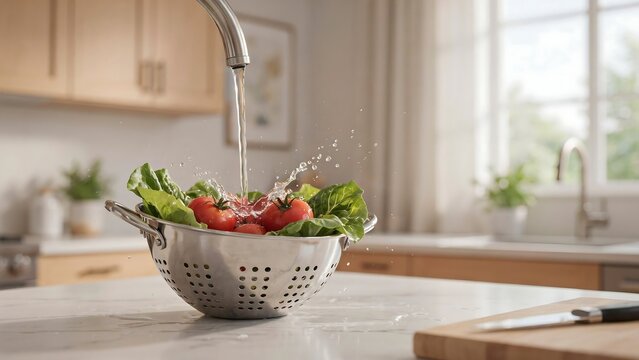 Fresh tomatoes and crisp lettuce being washed with running water inside a steel colander in a bright kitchen