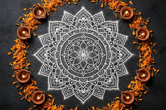 Minimal White Rangoli Art with Clay Diyas and Marigold Petals for Deepawali Festival