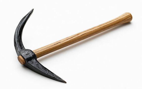 Black pickaxe with wooden handle against white background