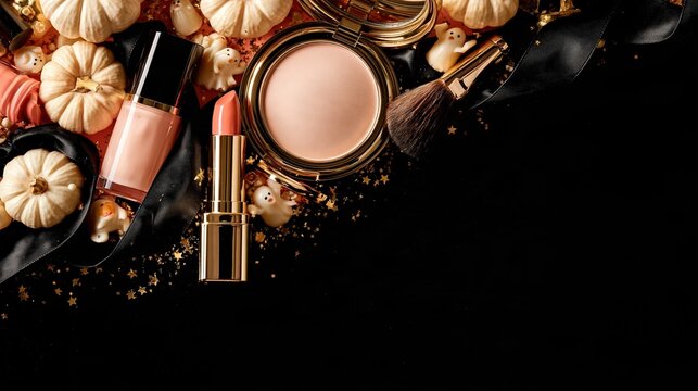 Elegant makeup flat lay with unbranded cosmetics and Halloween decor on a blush-pink background. Stylish pumpkins and tiny ghosts create a premium, editorial autumn vibe.