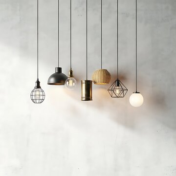 Collection of modern industrial and rustic pendant lighting fixtures hanging against a textured grey wall