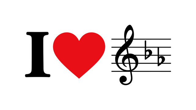 Musical concept illustration featuring I love music heart symbol, red heart icon with treble clef and flat notes, minimal music lover graphic