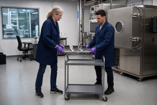 Rubber ozone testing - scientists transferring a dynamic strain fixture