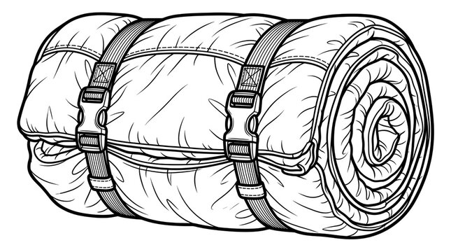 Rolled sleeping bag line art drawing, vintage camping bedroll vector clip art, outdoor hiking gear outline illustration