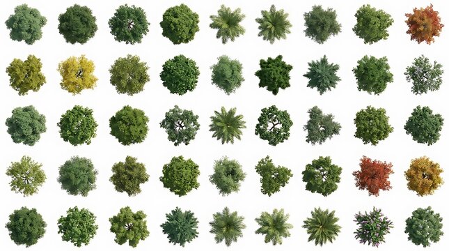 Set of various green tree tops viewed from above on white background