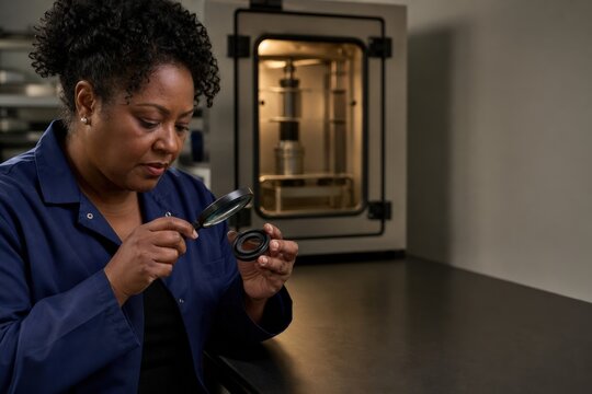 Rubber ozone testing - a polymer engineer inspecting a molded seal
