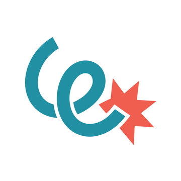 Teal CE ligature with red starburst graphic