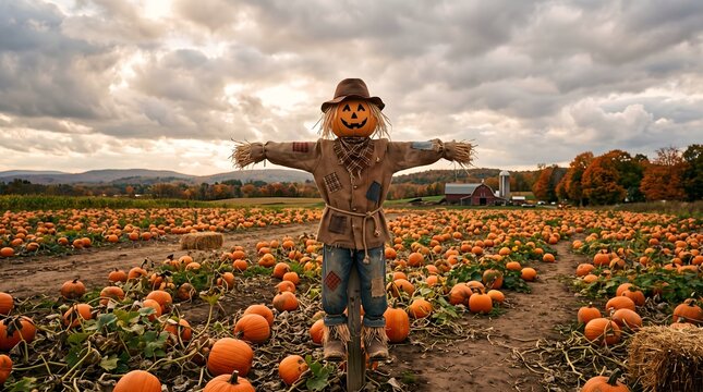 Autumn pumpkin patch with a traditional scarecrow standing guard under cloudy skies