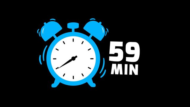 59 min timer animation on transparent background with alpha channel. Timer, clock, alarm clock icon with 59 minute timer animation video. 59 minutes clock. 4k video