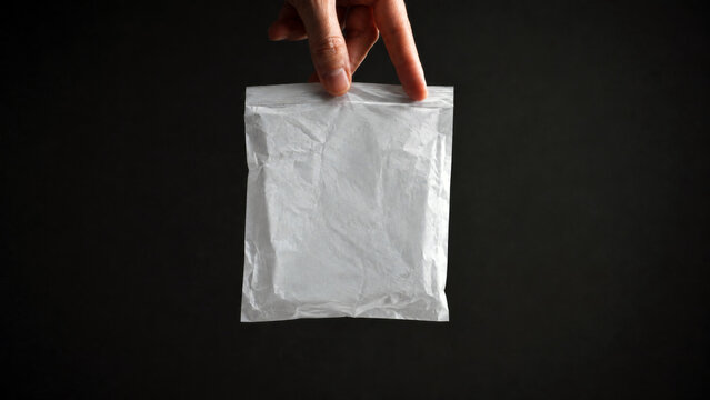 Hand holding a blank white paper bag against a dark background with copy space for branding, packaging and product mockup concepts