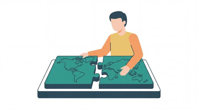 Pria menyusun peta dunia globe vektor dalam bentuk puzzle