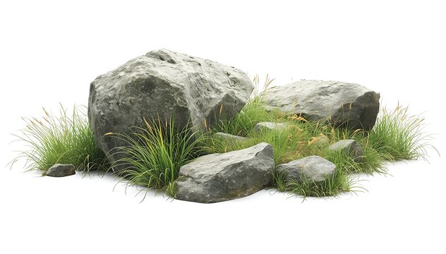grass on white background/Ultra-sharp high-resolution rocks with wild grass, isolated on a white background. Ideal for nature, geology, landscaping, and environmental design projects.