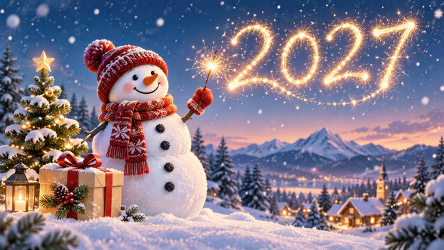 Snowman in a red knit hat and scarf writes 2027 with a sparkler beside a decorated Christmas tree, gift box and lantern in a snowy mountain village at dusk.