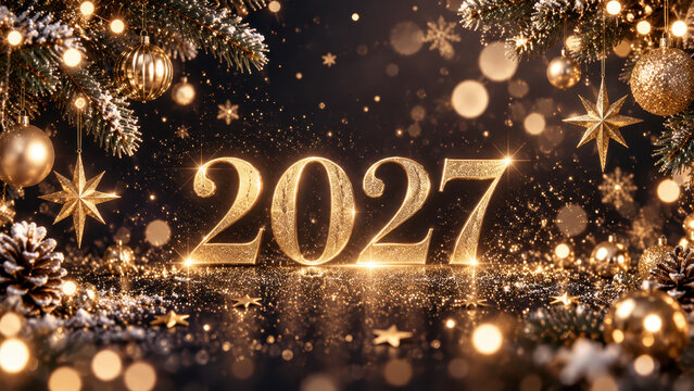 Glowing golden 2027 numerals stand amid illuminated fir branches, hanging ornaments, stars, pine cones, and glittering bokeh in a festive New Year holiday scene.
